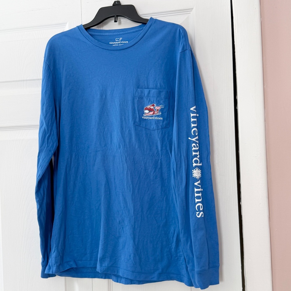 Vineyard Vines Long Sleeve Pocket Tee — Bright Blue with White Sleeve Logo
